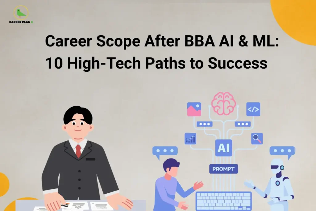 This image features a light gray textured background with the Career Plan B logo in the top-left corner and a large black title reading “Career Scope After BBA AI & ML: 10 High-Tech Paths to Success” across the upper section. On the left, a business professional in a suit stands behind a desk with documents. On the right, an AI-themed illustration shows a central AI module connected to icons representing a brain, coding, analytics, search, and media, alongside a person and a robot interacting near a keyboard. Yellow circular decorative elements appear in the corners of the image.