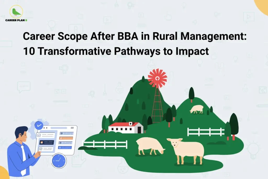 This image features a light gray background with subtle faded icons and the Career Plan B logo in the top-left corner, along with a large black title reading “Career Scope After BBA in Rural Management: 10 Transformative Pathways to Impact” across the upper section. On the left, a person is shown interacting with a dashboard containing checklists, settings, and a clock icon. On the right, a rural landscape illustration includes green hills, a farmhouse, fences, trees, a windmill, and grazing livestock such as sheep and pigs, representing agricultural and rural development activities.