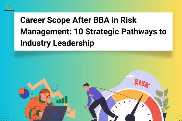 This image features a blue-to-yellow gradient background with the Career Plan B logo in the top-left corner and a large white rectangular banner displaying the title “Career Scope After BBA in Risk Management: 10 Strategic Pathways to Industry Leadership” in bold black text. In the lower left, a person is shown working on a laptop beside pie charts, bar graphs, and a downward-trending arrow. On the right, a large risk gauge labeled “RISK” is illustrated with a person pulling its needle using a rope, accompanied by decorative leaves and dotted corner patterns, symbolizing risk assessment and management.