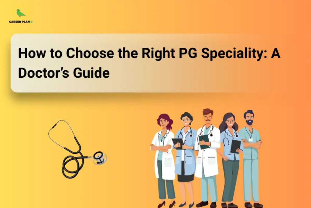 This image has an orange gradient background with a clean, modern design. In the top left corner, the “CAREER PLAN B” logo features a green bird inside a yellow circle with the text “CAREER PLAN B.” At the top, a rounded light panel displays bold black text reading “How to Choose the Right PG Speciality: A Doctor’s Guide.” In the lower section, a stethoscope is placed on the left, while on the right a group of doctors in white coats holding files stand together, representing different medical specialties and career choices.