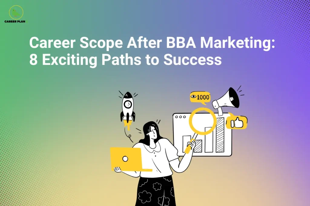 Career Scope After BBA Marketing: 8 paths to success, with marketing graphics and the Career Plan B logo.