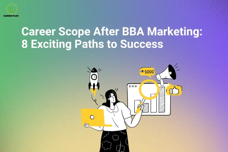 Career Scope After BBA Marketing: 8 paths to success, with marketing graphics and the Career Plan B logo.