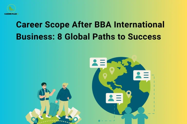 Career Scope After BBA International Business: 8 global paths to success, featuring a globe, travelers, and the Career Plan B logo.