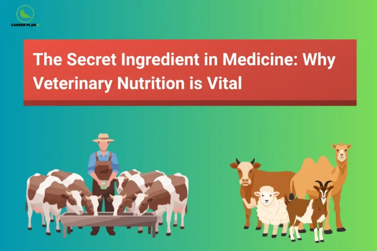 this image contains a veterinary nutrition education graphic with “The Secret Ingredient in Medicine: Why Veterinary Nutrition is Vital” text, Career Plan B logo top left, a farmer feeding cows at a trough on the left, and livestock including a cow, sheep, goat, and camel on the right against a green gradient background