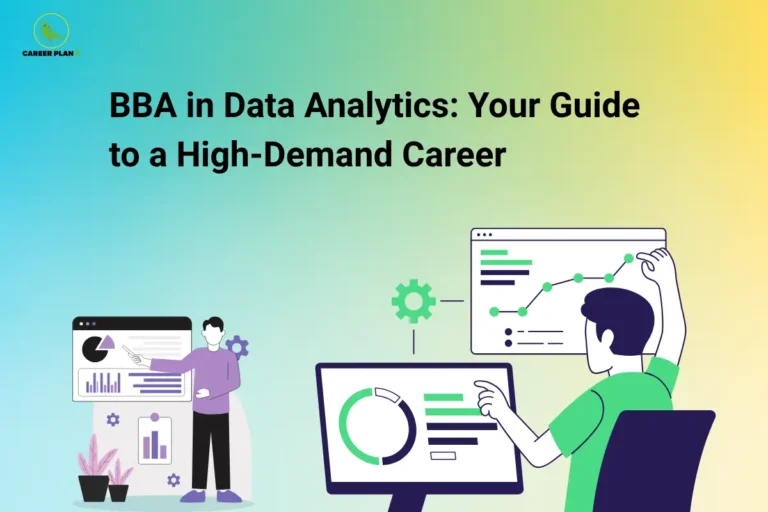 Career Plan B graphic featuring BBA in Data Analytics with data charts, dashboards, and analytics illustrations.