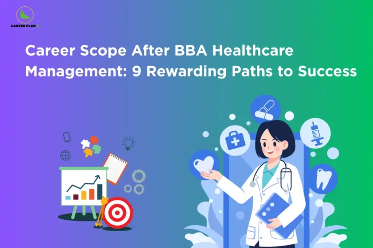 Career Plan B graphic showing career scope after BBA Healthcare Management with healthcare and business illustrations.