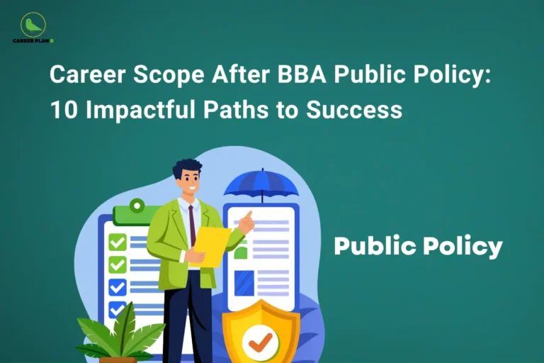 The Career Plan B logo, featuring a green bird inside a yellow circle with the brand name beneath it, appears in the top-left corner. The image headline reads "Career Scope After BBA Public Policy: 10 Impactful Paths to Success" in large, bold white text against a teal-green gradient background. On the left, an illustration shows a professional in formal attire holding a document while standing in front of policy-related checklists and official forms, symbolizing governance, policy planning, and administrative decision-making. A shield with a checkmark and an umbrella icon represent public welfare, compliance, regulation, and citizen protection. The words "Public Policy" appear prominently on the right side of the image, reinforcing the theme. The overall design highlights the diverse career opportunities available after a BBA in Public Policy, emphasizing roles in government, public administration, policy analysis, nonprofit organizations, and regulatory affairs.
