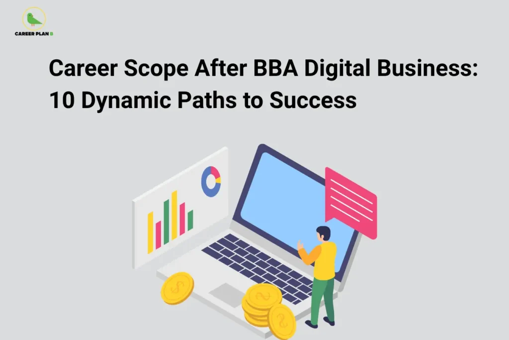Career Plan B logo appears in the top-left corner of an educational banner titled "Career Scope After BBA Digital Business: 10 Dynamic Paths to Success." The visual features a laptop displaying digital business activity, with charts, analytics dashboards, communication icons, and gold coins representing online revenue and business growth. A professional figure stands beside the laptop, symbolizing digital business management and entrepreneurship. The graphic highlights career opportunities after a BBA in Digital Business, including digital marketing manager, e-commerce specialist, business analyst, growth strategist, online business consultant, product manager, digital operations manager, startup founder, customer experience manager, and technology-driven business leadership roles in the digital economy.