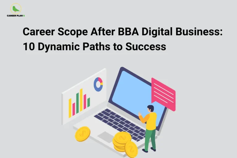 Career Plan B logo appears in the top-left corner of an educational banner titled "Career Scope After BBA Digital Business: 10 Dynamic Paths to Success." The visual features a laptop displaying digital business activity, with charts, analytics dashboards, communication icons, and gold coins representing online revenue and business growth. A professional figure stands beside the laptop, symbolizing digital business management and entrepreneurship. The graphic highlights career opportunities after a BBA in Digital Business, including digital marketing manager, e-commerce specialist, business analyst, growth strategist, online business consultant, product manager, digital operations manager, startup founder, customer experience manager, and technology-driven business leadership roles in the digital economy.