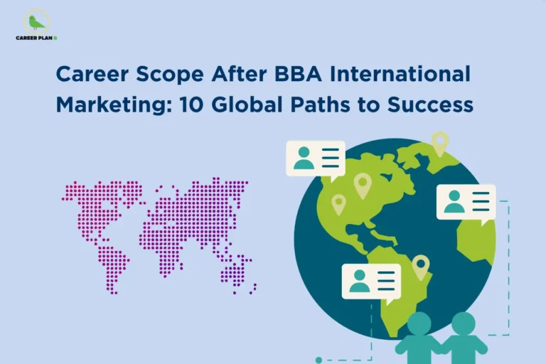 Career Plan B logo appears in the top-left corner of an educational banner titled "Career Scope After BBA International Marketing: 10 Global Paths to Success." The design features a world map, a globe with location markers, profile icons representing international customers and business networks, and connected global communication elements. The visual symbolizes worldwide business expansion, cross-border marketing, international trade, and global market engagement. It highlights career opportunities after a BBA in International Marketing, including international marketing manager, export manager, global business development executive, international sales manager, market research analyst, brand manager, trade consultant, supply chain coordinator, global account manager, and international business strategist. The graphic emphasizes global career prospects, cross-cultural business skills, and opportunities in multinational corporations and international markets.