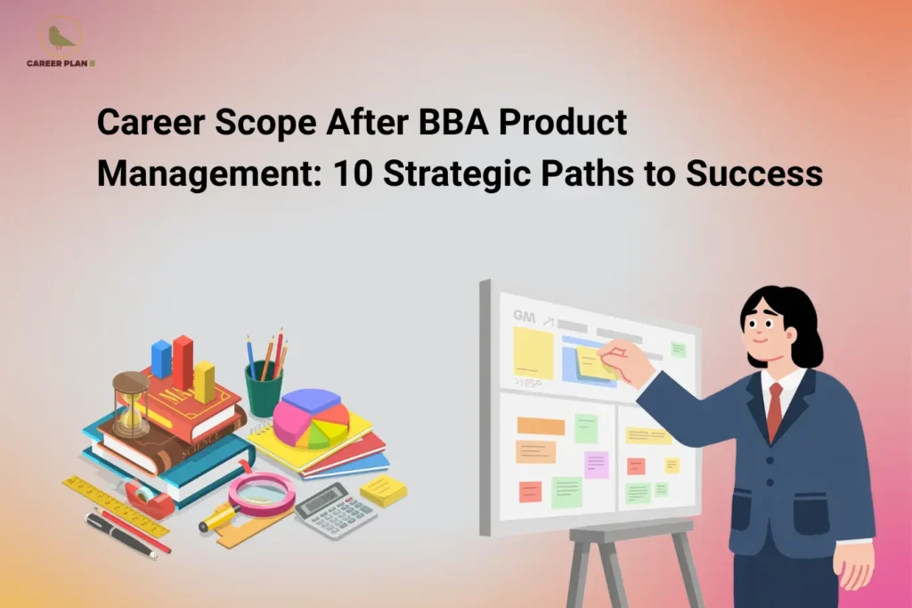 Career Plan B logo appears in the top-left corner of an educational banner titled "Career Scope After BBA Product Management: 10 Strategic Paths to Success." The visual features academic and analytical tools such as books, charts, a pie graph, calculator, magnifying glass, and stationery on one side, while a professional presents ideas on a product planning board filled with notes and strategy elements on the other. The design represents product development, market research, innovation, business strategy, and product lifecycle management. It highlights career opportunities after a BBA in Product Management, including product manager, associate product manager, product analyst, business analyst, product marketing manager, user experience strategist, innovation consultant, project manager, growth manager, and digital product specialist. The graphic emphasizes strategic thinking, customer-focused innovation, data-driven decision-making, and leadership in product development and management roles across industries.