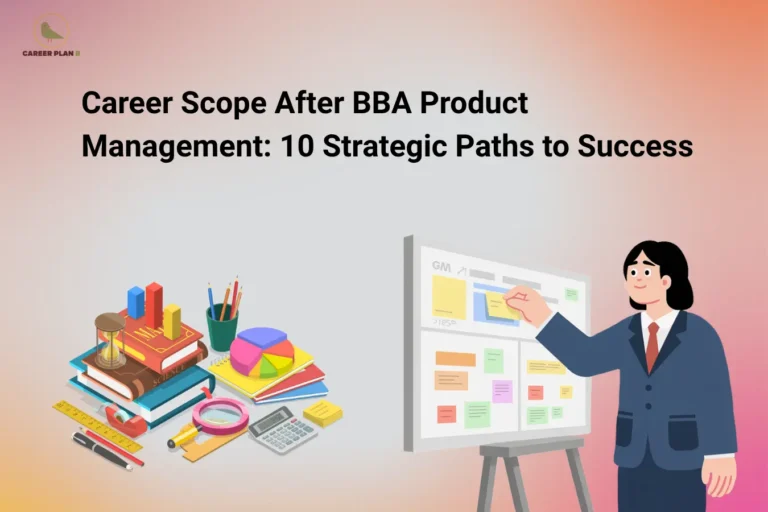 Career Plan B logo appears in the top-left corner of an educational banner titled "Career Scope After BBA Product Management: 10 Strategic Paths to Success." The visual features academic and analytical tools such as books, charts, a pie graph, calculator, magnifying glass, and stationery on one side, while a professional presents ideas on a product planning board filled with notes and strategy elements on the other. The design represents product development, market research, innovation, business strategy, and product lifecycle management. It highlights career opportunities after a BBA in Product Management, including product manager, associate product manager, product analyst, business analyst, product marketing manager, user experience strategist, innovation consultant, project manager, growth manager, and digital product specialist. The graphic emphasizes strategic thinking, customer-focused innovation, data-driven decision-making, and leadership in product development and management roles across industries.