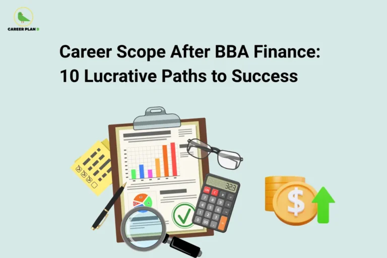 Career Plan B logo appears in the top-left corner of an educational banner titled "Career Scope After BBA Finance: 10 Lucrative Paths to Success." The visual features financial analysis tools including a report with bar charts and graphs, a calculator, magnifying glass, checklist, pen, eyeglasses, and gold coins with an upward growth arrow. These elements represent financial planning, investment analysis, accounting, wealth management, and business growth. The design highlights career opportunities after a BBA in Finance, including financial analyst, investment banker, wealth manager, credit analyst, risk manager, financial planner, corporate finance executive, banking professional, portfolio manager, and treasury analyst. The graphic emphasizes analytical thinking, financial decision-making, profitability, and strong career prospects in banking, financial services, investment firms, and corporate finance sectors.