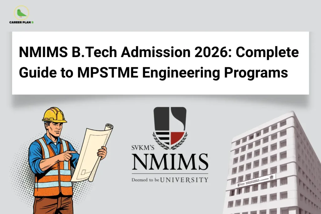 This image is a promotional educational banner for NMIMS engineering admissions. It has a light grey background with the “CAREER PLAN B” logo positioned in the top-left corner. At the top center, a large white rectangular panel contains bold black text reading: “NMIMS B.Tech Admission 2026: Complete Guide to MPSTME Engineering Programs.” Below the title, the official “SVKM’s NMIMS Deemed to be University” logo is placed prominently in the center. On the left side, there is an illustration of a construction engineer wearing a yellow safety helmet and reflective vest while holding engineering blueprints, symbolizing technical and engineering studies. On the right side, a tall academic building representing MPSTME (Mukesh Patel School of Technology Management & Engineering) is shown. The overall design visually communicates a complete admission guide for NMIMS B.Tech engineering programs in 2026, focusing on MPSTME and engineering education opportunities.