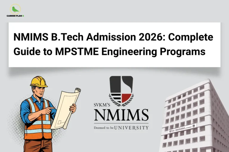 This image is a promotional educational banner for NMIMS engineering admissions. It has a light grey background with the “CAREER PLAN B” logo positioned in the top-left corner. At the top center, a large white rectangular panel contains bold black text reading: “NMIMS B.Tech Admission 2026: Complete Guide to MPSTME Engineering Programs.” Below the title, the official “SVKM’s NMIMS Deemed to be University” logo is placed prominently in the center. On the left side, there is an illustration of a construction engineer wearing a yellow safety helmet and reflective vest while holding engineering blueprints, symbolizing technical and engineering studies. On the right side, a tall academic building representing MPSTME (Mukesh Patel School of Technology Management & Engineering) is shown. The overall design visually communicates a complete admission guide for NMIMS B.Tech engineering programs in 2026, focusing on MPSTME and engineering education opportunities.