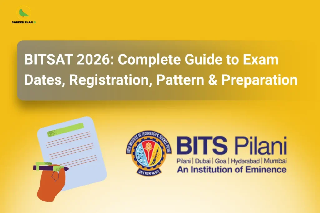 This image features a bright yellow gradient background with the “CAREER PLAN B” logo placed in the top-left corner. A large rounded rectangular banner across the upper section contains bold white text reading: “BITSAT 2026: Complete Guide to Exam Dates, Registration, Pattern & Preparation.” In the lower-middle section, the official “BITS Pilani” logo and branding are prominently displayed, including its campuses at Pilani, Dubai, Goa, Hyderabad, and Mumbai. On the left side, there is an illustration of a hand holding a document and pen, symbolizing exam registration, application forms, and preparation activities. The overall design highlights a complete guide to the BITSAT 2026 entrance examination, focusing on important exam dates, registration procedures, exam pattern, and preparation strategies for students aspiring to pursue engineering programs at BITS Pilani.