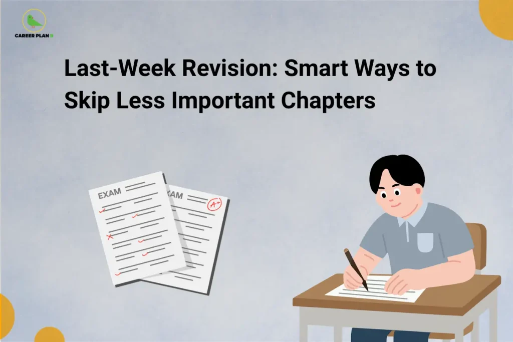 Career Plan B logo appears in the top-left corner of an educational banner titled "Last-Week Revision: Smart Ways to Skip Less Important Chapters." The illustration shows a student studying at a desk while exam papers with marked answers and grades are displayed nearby, symbolizing strategic exam preparation and efficient revision planning. The visual focuses on helping students maximize their performance during the final week before exams by prioritizing high-weightage topics, analyzing previous-year question papers, identifying frequently tested concepts, and allocating study time effectively. Key themes include smart revision techniques, chapter prioritization, exam strategy, selective studying, time management, productivity, score optimization, and focused preparation. The banner emphasizes that students should not randomly skip chapters but instead make informed decisions based on syllabus importance, exam patterns, confidence levels, and available preparation time. It encourages learners to concentrate on high-impact topics, strengthen core concepts, and use strategic revision methods to improve exam outcomes while reducing stress and avoiding last-minute overwhelm.