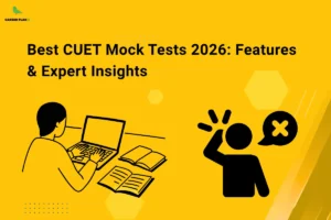 this image contains a CUET exam preparation graphic with the text “Best CUET Mock Tests 2026: Features & Expert Insights,” Career Plan B logo top left, a student using a laptop with open books on the left, and a confused figure with a speech bubble showing an “X” on the right, representing mock test practice and mistake analysis