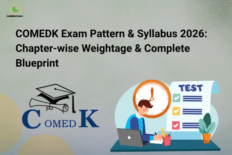 This image has a light grey background with a clean layout. In the top left corner, the “CAREER PLAN B” logo features a green bird inside a yellow circle with the text “CAREER PLAN B.” At the top, bold black text reads “COMEDK Exam Pattern & Syllabus 2026: Chapter-wise Weightage & Complete Blueprint.” In the lower left section, the COMEDK logo with a graduation cap and diploma is displayed, while on the right side, a student is studying on a laptop at a desk with a clock behind them and a checklist labeled “TEST,” representing exam preparation, time management, and structured study planning.