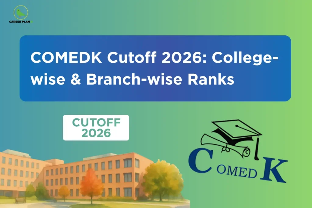 This image features a green-to-teal gradient background with a clean layout. In the top left corner, the “CAREER PLAN B” logo shows a green bird inside a yellow circle with the text “CAREER PLAN B.” Across the top, a blue rounded rectangle contains bold white text reading “COMEDK Cutoff 2026: College-wise & Branch-wise Ranks.” In the lower section, a small label reads “CUTOFF 2026,” alongside an illustration of a college campus with buildings and trees on the left, while on the right side, the COMEDK logo with a graduation cap and diploma is displayed, representing cutoff trends and college-wise rank analysis.