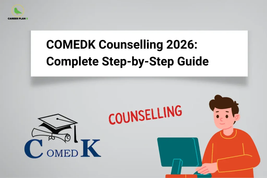 This image has a light grey background with a clean, minimal design. In the top left corner, the “CAREER PLAN B” logo features a green bird inside a yellow circle with the text “CAREER PLAN B.” At the top center, a white rectangular banner displays bold black text reading “COMEDK Counselling 2026: Complete Step-by-Step Guide.” In the lower section, the COMEDK logo with a graduation cap and diploma appears on the left, while the word “COUNSELLING” is written in red stylized text near the center. On the right side, an illustration shows a student sitting and using a desktop computer, representing the online counselling process.