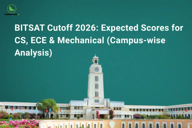 This image features a dark teal gradient background with the “CAREER PLAN B” logo placed in the top-left corner. Large bold white text across the upper section reads: “BITSAT Cutoff 2026: Expected Scores for CS, ECE & Mechanical (Campus-wise Analysis).” In the lower section, a prominent image of the iconic BITS Pilani campus building with its famous clock tower is displayed, symbolizing engineering excellence and academic prestige. The overall design highlights a detailed guide to the expected BITSAT 2026 cutoff scores for popular branches such as Computer Science, Electronics & Communication Engineering, and Mechanical Engineering, along with campus-wise admission analysis for BITS Pilani campuses.