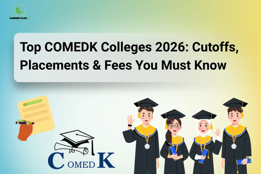 This image features a soft gradient background blending green, blue, and yellow tones. In the top left corner, the “CAREER PLAN B” logo shows a green bird inside a yellow circle with the text “CAREER PLAN B.” At the top center, a rounded white banner contains bold black text reading “Top COMEDK Colleges 2026: Cutoffs, Placements & Fees You Must Know.” In the lower section, an illustration of a hand holding a checklist appears on the left, alongside the COMEDK logo with a graduation cap and diploma, while on the right side, a group of four graduates in caps and gowns holding certificates represents college outcomes, placements, and academic success.