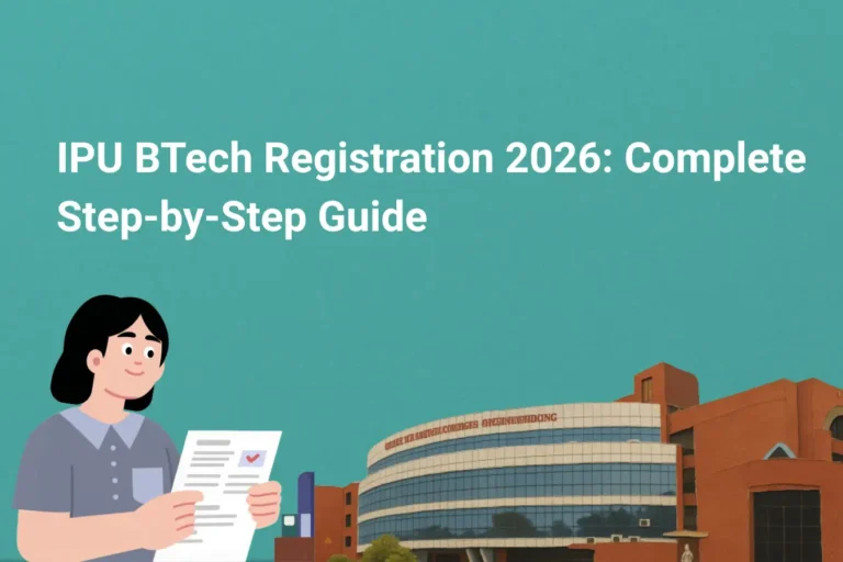 This image features a teal-blue gradient background with an admission-focused design. In the upper section, large white text reads “IPU BTech Registration 2026: Complete Step-by-Step Guide.” On the lower left side, there is an illustration of a student holding registration documents, while on the lower right side, a campus building image is displayed, representing the IPU BTech registration and admission process for 2026.