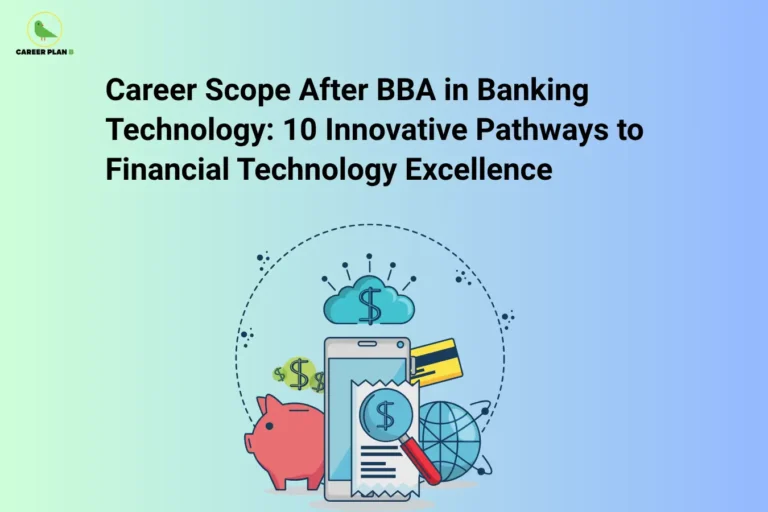 The image features the Career Plan B logo in the top-left corner, displaying a green bird inside a circular emblem with the text "Career Plan B." The banner headline reads "Career Scope After BBA in Banking Technology: 10 Innovative Pathways to Financial Technology Excellence." Below the title, illustrations of a smartphone, cloud banking icon, credit card, piggy bank, financial document, magnifying glass, and globe represent digital banking, fintech, financial analysis, and global financial services. The green-to-blue gradient background reinforces the theme of technology-driven banking and modern financial innovation.