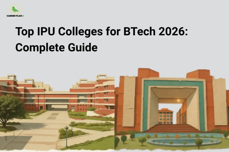 this image contains a Career Plan B educational graphic titled “Top IPU Colleges for BTech 2026: Complete Guide” on a light grey background, featuring illustrations of two modern university campus buildings with pathways, greenery, and academic infrastructure, highlighting IP University BTech colleges, engineering admissions, and college selection guidance for 2026 aspirants
