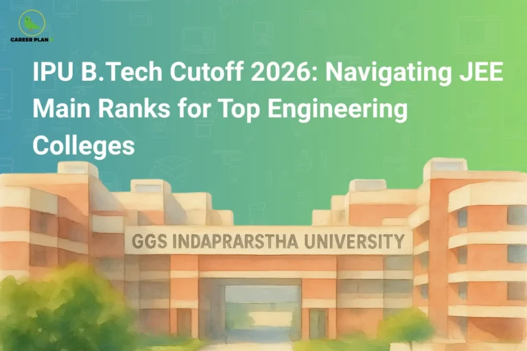 this image contains a Career Plan B graphic with the heading “IPU B.Tech Cutoff 2026: Navigating JEE Main Ranks for Top Engineering Colleges” on a blue-green gradient background, featuring an illustration of GGS Indraprastha University campus building with “GGS INDAPRASTHA UNIVERSITY” text on the facade, representing IPU BTech admissions, cutoff ranks, and engineering college guidance for 2026