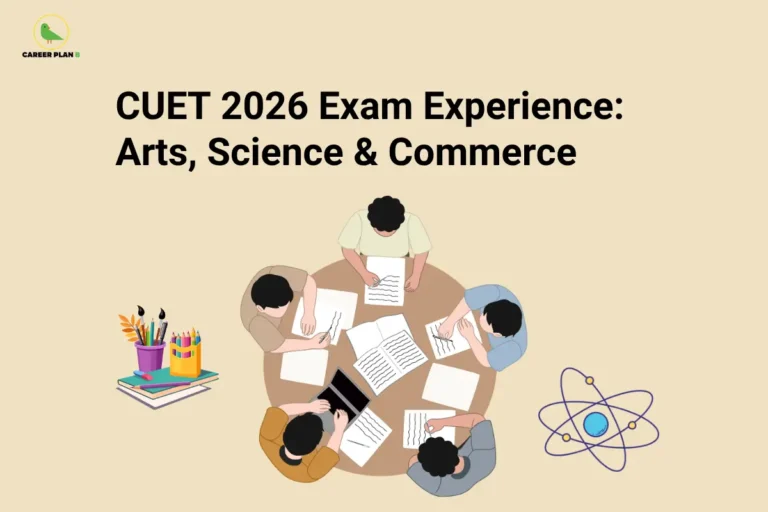 The Career Plan B logo, featuring a green bird inside a yellow circle with the brand name below it, appears in the top-left corner. The image is titled "CUET 2026 Exam Experience: Arts, Science & Commerce" and shows students studying together around a table with books, notes, and subject icons, representing shared CUET 2026 exam experiences across Arts, Science, and Commerce streams