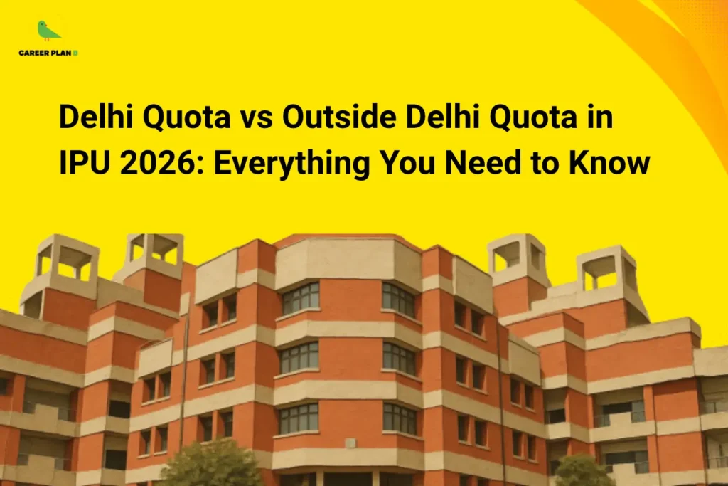 this image contains a Career Plan B graphic with the heading “Delhi Quota vs Outside Delhi Quota in IPU 2026: Everything You Need to Know” on a bright yellow background, featuring a large illustration of an IP University campus building with red and beige architecture, highlighting IPU admission quotas, Delhi vs outside state comparison, and BTech admission guidance for 2026