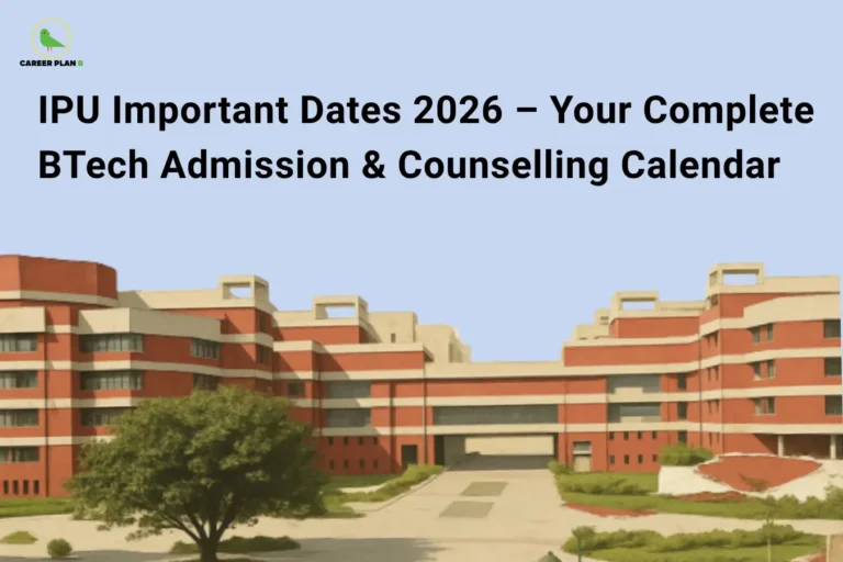 this image contains a Career Plan B graphic titled “IPU Important Dates 2026 – Your Complete BTech Admission & Counselling Calendar” on a light blue background, featuring an illustration of an IP University campus building with pathways and greenery, highlighting key IPU admission dates, counselling schedule, and BTech 2026 application timeline guidance