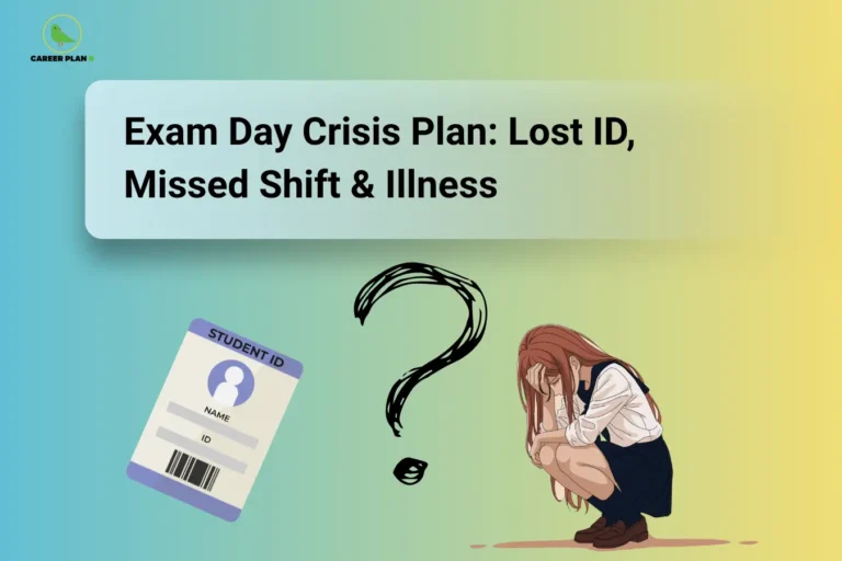 The image features the Career Plan B logo in the top-left corner, showing a green bird inside a circular emblem with the text "Career Plan B." The headline reads "Exam Day Crisis Plan: Lost ID, Missed Shift & Illness." Below the title, a student ID card, a large question mark, and a distressed student sitting with their head down illustrate common exam-day emergencies and uncertainty. The soft blue-to-yellow gradient background highlights the theme of problem-solving, preparedness, and managing unexpected challenges during examinations.