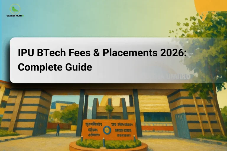 this image contains a Career Plan B graphic titled “IPU BTech Fees & Placements 2026: Complete Guide” on a soft gradient background, featuring an illustrated university campus entrance with pillars, trees, and signage, highlighting IPU BTech fee structure, placement insights, and engineering admission guidance for 2026 students