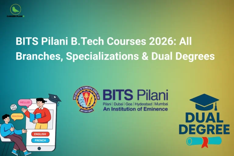this image contains a career guidance banner titled “BITS Pilani B.Tech Courses 2026: All Branches, Specializations & Dual Degrees” with the Career Plan B logo at top left, showing the BITS Pilani logo in the center, an illustration of students learning languages on a screen with “HELLO!” and “BONJOUR” and buttons labeled “ENGLISH” and “FRENCH” on the left, and a “DUAL DEGREE” icon with a graduation cap and diploma on the right, representing engineering programs, specializations, and dual degree options at BITS Pilani