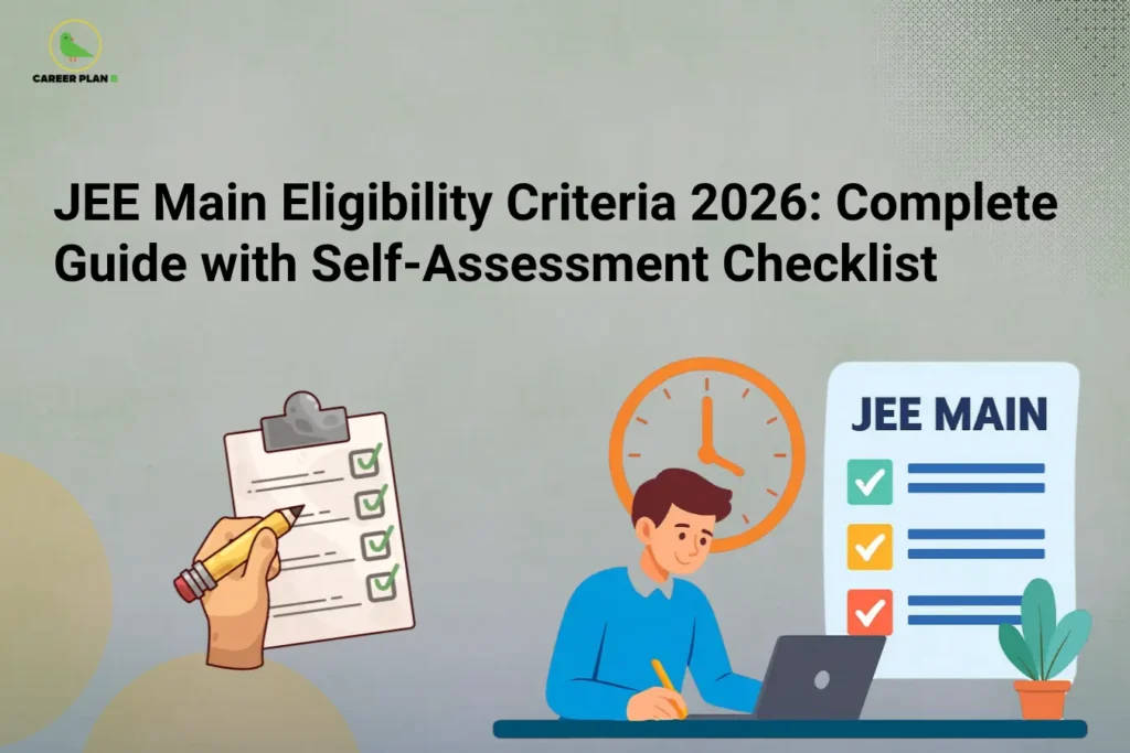 this image contains a career guidance infographic titled “JEE Main Eligibility Criteria 2026: Complete Guide with Self-Assessment Checklist” with the Career Plan B logo at top left, showing a student using a laptop and writing notes, a checklist with tick marks held by a hand, a clock icon behind the student, and a panel labeled “JEE MAIN” with colored checkmarks and bullet points, representing exam eligibility requirements and self-assessment for JEE Main 2026 preparation