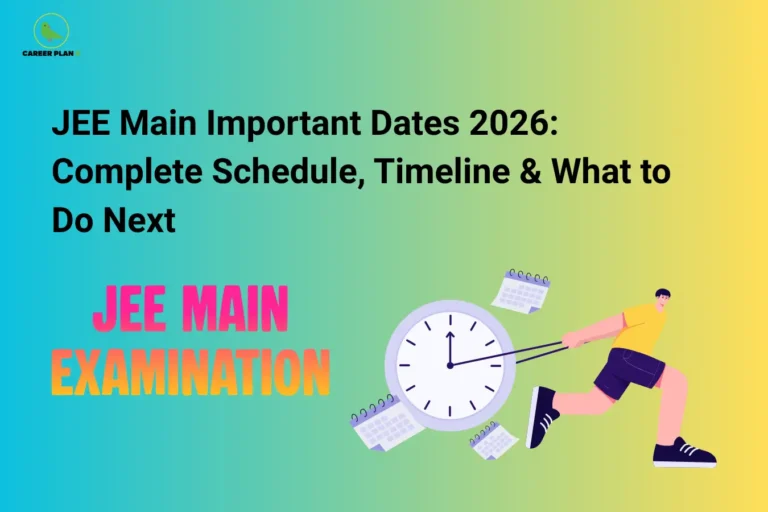 this image contains a colorful educational infographic titled “JEE Main Important Dates 2026: Complete Schedule, Timeline & What to Do Next” with the Career Plan B logo at top left, featuring bold text “JEE MAIN EXAMINATION,” a large clock in the center, calendar icons around it, and a running student pulling the clock, representing exam timeline, deadlines, and time management for JEE Main 2026 preparation