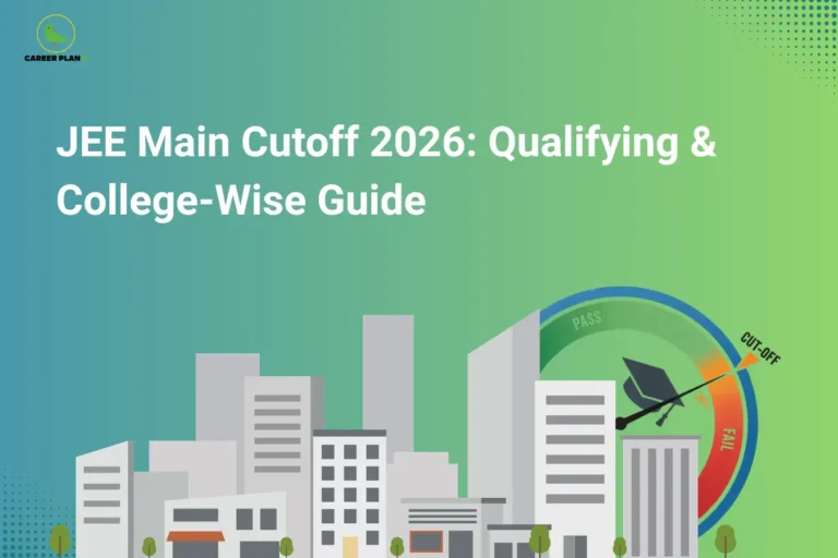 This image has a blue-to-green gradient background with the “CAREER PLAN B” logo placed in the top left corner. Large white text across the upper section reads “JEE Main Cutoff 2026: Qualifying & College-Wise Guide.” The bottom portion features a cityscape illustration with buildings, symbolizing colleges and institutions. On the right side, a large circular gauge meter displays “PASS” and “FAIL” zones with a pointer aimed near the cutoff mark, visually representing JEE Main qualifying cutoffs and college admission benchmarks.