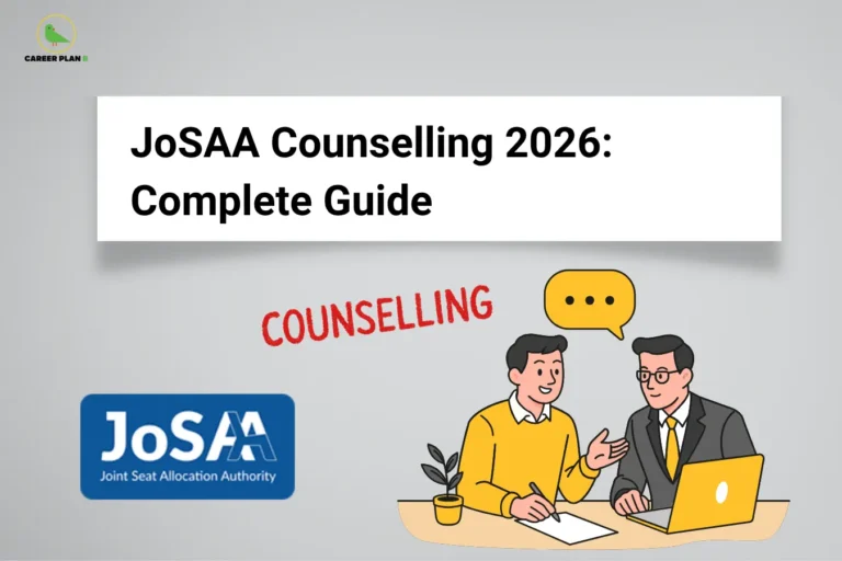 This image has a clean light-grey background with the “CAREER PLAN B” logo positioned in the top-left corner. At the top center, a large white rectangular banner contains bold black text reading: “JoSAA Counselling 2026: Complete Guide.” Below the title, the word “COUNSELLING” appears in red handwritten-style text, emphasizing the admission and seat-allocation process theme. On the bottom-left side, the official-style JoSAA logo is displayed with the text “Joint Seat Allocation Authority.” On the bottom-right side, there is an illustration of two people engaged in discussion over a laptop and documents, symbolizing counselling guidance, college selection, and admission assistance. A speech bubble above them further highlights communication and consultation during the JoSAA counselling process.
