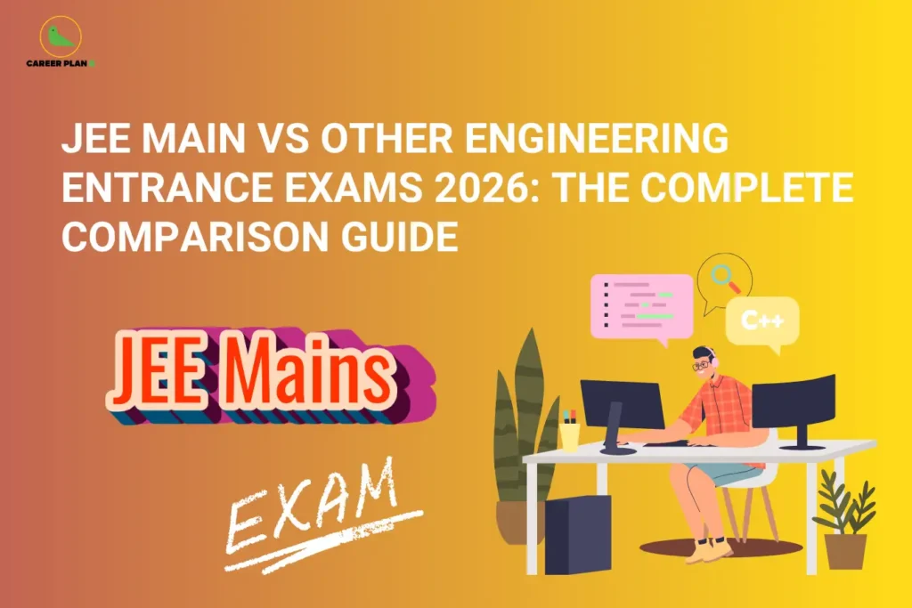 This image features a warm orange-to-yellow gradient background with the “CAREER PLAN B” logo positioned in the top-left corner. Large white text across the upper section reads: “JEE MAIN VS OTHER ENGINEERING ENTRANCE EXAMS 2026: THE COMPLETE COMPARISON GUIDE.” In the lower-left area, a bold “JEE Mains” graphic appears alongside handwritten-style “EXAM” text, emphasizing the entrance examination theme. On the right side, an illustration shows a student working at a computer desk with coding and search-related icons such as “C++” and a magnifying glass in speech bubbles, symbolizing exam preparation, technical learning, and comparison of engineering entrance exams. Decorative plants and modern workspace elements enhance the academic and technology-focused visual style of the image.