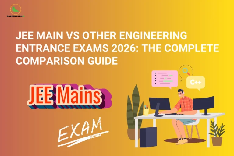 This image features a warm orange-to-yellow gradient background with the “CAREER PLAN B” logo positioned in the top-left corner. Large white text across the upper section reads: “JEE MAIN VS OTHER ENGINEERING ENTRANCE EXAMS 2026: THE COMPLETE COMPARISON GUIDE.” In the lower-left area, a bold “JEE Mains” graphic appears alongside handwritten-style “EXAM” text, emphasizing the entrance examination theme. On the right side, an illustration shows a student working at a computer desk with coding and search-related icons such as “C++” and a magnifying glass in speech bubbles, symbolizing exam preparation, technical learning, and comparison of engineering entrance exams. Decorative plants and modern workspace elements enhance the academic and technology-focused visual style of the image.
