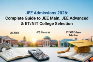 This image features a soft sky-blue gradient background with a clean academic-themed design. Large bold text at the top reads: “JEE Admissions 2026: Complete Guide to JEE Main, JEE Advanced & IIT/NIT College Selection.” Below the main heading, three sections are highlighted: “JEE Main,” “JEE Advanced,” and “IIT/NIT College Selection,” representing different stages of the engineering admission journey. The lower portion of the image shows study-related elements including an open notebook with technical diagrams, a calculator, gears, and books, symbolizing engineering preparation and academic planning. On the right side, a graduation cap placed on books emphasizes college admissions and higher education opportunities. In the background, a blurred university campus scene reinforces the theme of engineering colleges and student aspirations for IITs and NITs.