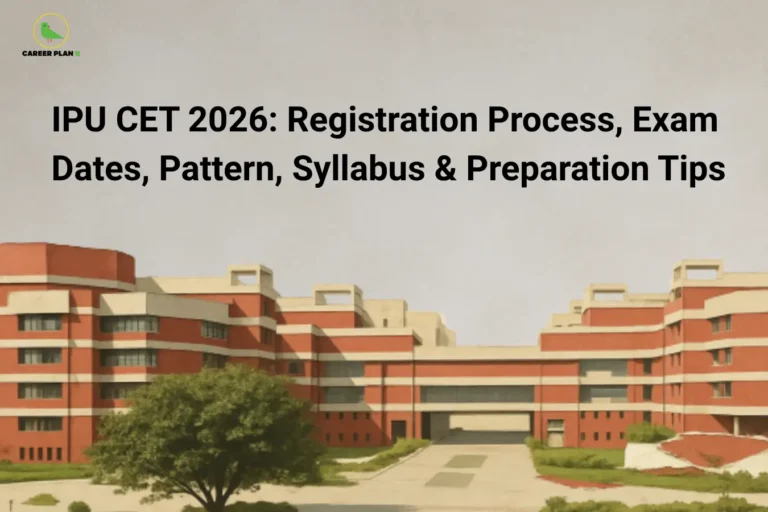 This image features a clean light-grey background with the “CAREER PLAN B” logo positioned in the top-left corner. Large bold black text across the upper section reads: “IPU CET 2026: Registration Process, Exam Dates, Pattern, Syllabus & Preparation Tips.” The lower half of the image showcases a large university campus building with red-and-cream architecture, symbolizing higher education and entrance exam admissions. The campus environment with greenery and open pathways visually represents academic preparation, college admissions, and the overall IPU CET 2026 admission process for aspiring students.