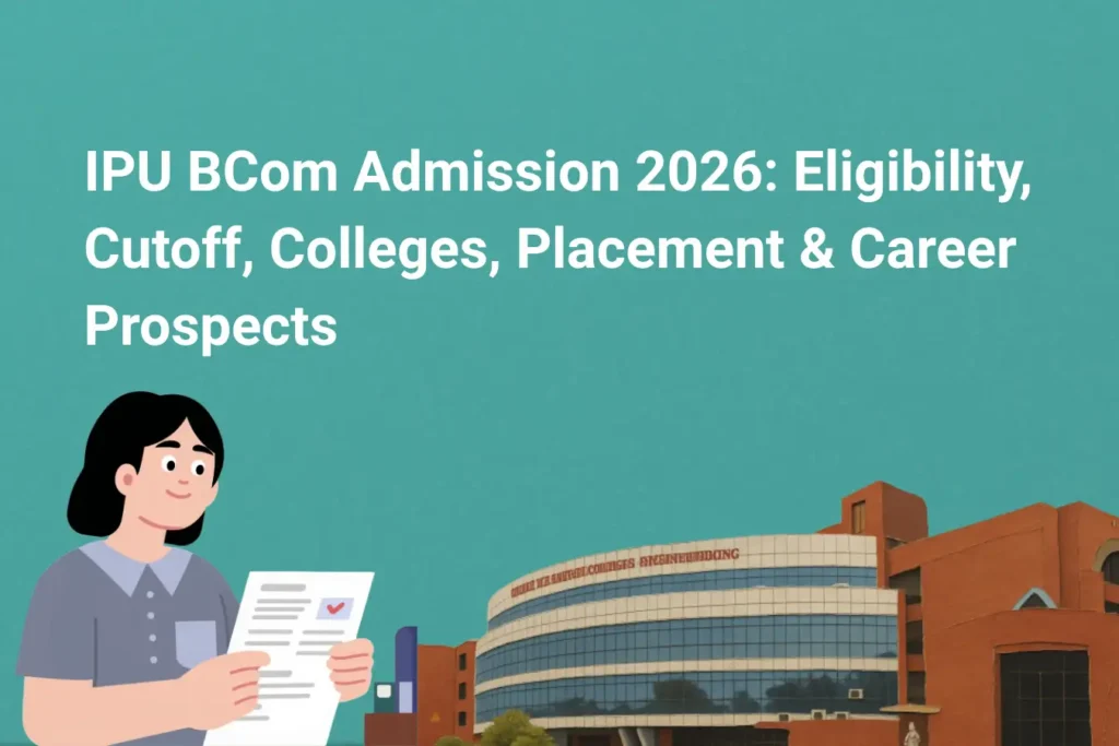 This image has a teal-blue gradient background with the “CAREER PLAN B” logo placed in the top-left corner. Bold white text at the top reads: “IPU BCom Admission 2026: Eligibility, Cutoff, Colleges, Placement & Career Prospects.” On the left side, there is an illustration of a student holding documents, representing the admission and application process. The right side features a large modern university campus building, symbolizing higher education opportunities under IPU. The overall design visually highlights important aspects of IPU BCom admissions including eligibility criteria, cutoff trends, top colleges, placements, and future career prospects for students planning admission in 2026.