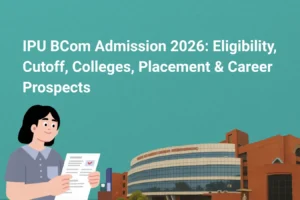 This image has a teal-blue gradient background with the “CAREER PLAN B” logo placed in the top-left corner. Bold white text at the top reads: “IPU BCom Admission 2026: Eligibility, Cutoff, Colleges, Placement & Career Prospects.” On the left side, there is an illustration of a student holding documents, representing the admission and application process. The right side features a large modern university campus building, symbolizing higher education opportunities under IPU. The overall design visually highlights important aspects of IPU BCom admissions including eligibility criteria, cutoff trends, top colleges, placements, and future career prospects for students planning admission in 2026.