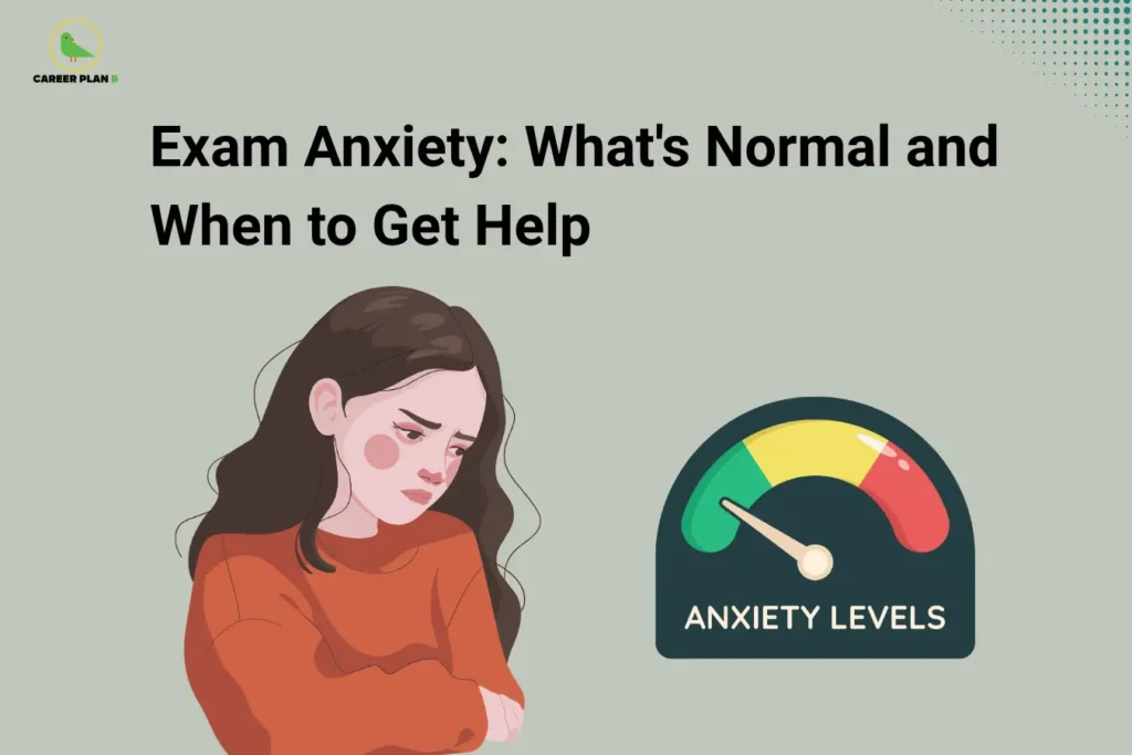 The image features the Career Plan B logo in the top-left corner and the title "Exam Anxiety: What's Normal and When to Get Help" prominently displayed across the top. On the left side, an illustration shows a student with a worried expression, folded arms, and a downcast gaze, representing feelings of stress and anxiety. On the right side, there is an anxiety meter labeled "ANXIETY LEVELS", with color-coded sections ranging from green to yellow to red, symbolizing increasing anxiety levels. The visual highlights the importance of recognizing normal exam-related stress and understanding when professional support may be needed.