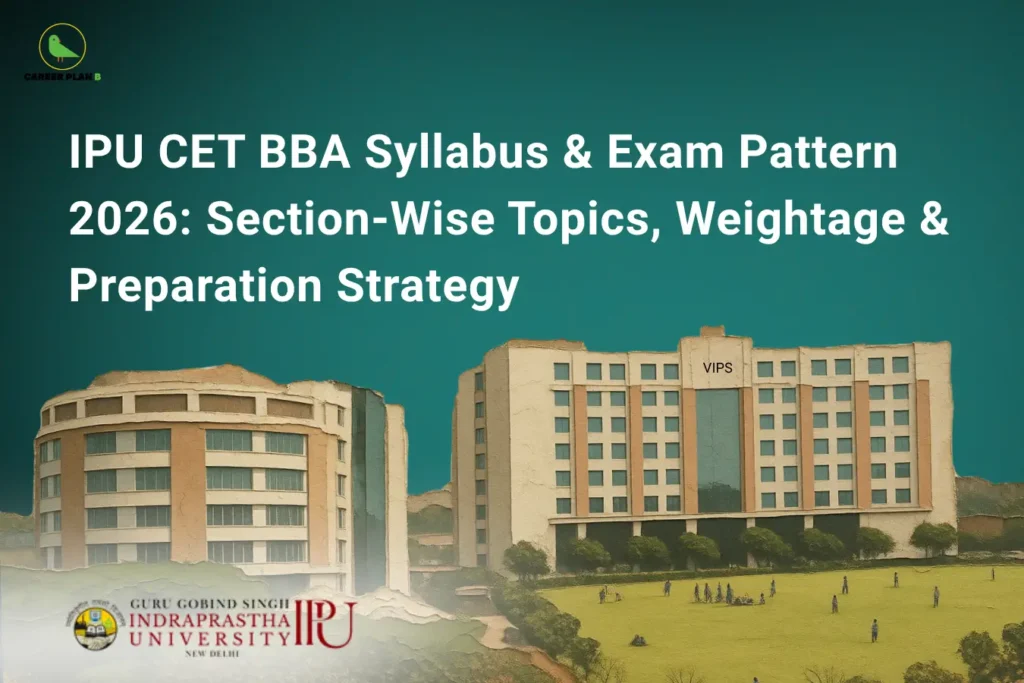This image features a dark teal gradient background with the “CAREER PLAN B” logo positioned in the top-left corner. Large bold white text across the top reads: “IPU CET BBA Syllabus & Exam Pattern 2026: Section-Wise Topics, Weightage & Preparation Strategy.” The image prominently displays modern campus buildings including the VIPS college building, representing higher education under Guru Gobind Singh Indraprastha University (GGSIPU). At the bottom-left corner, the official GGSIPU logo is visible. The overall design highlights important information related to the IPU CET BBA entrance exam, including syllabus details, section-wise topic distribution, exam weightage, and preparation strategies for students aiming for BBA admission in 2026.