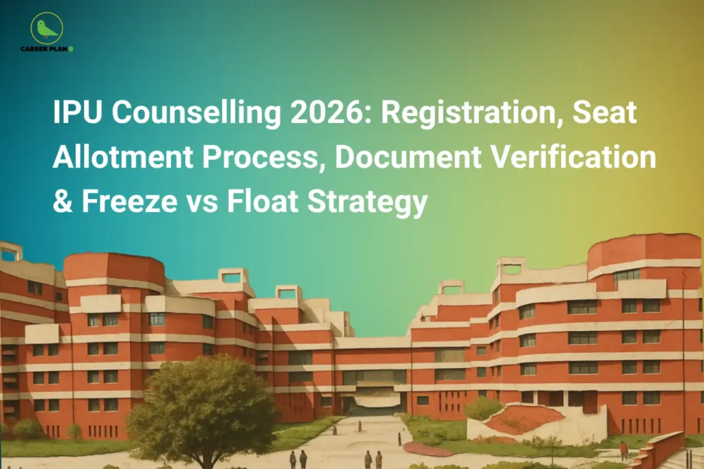 This image features a teal-to-light-green gradient background with the “CAREER PLAN B” logo placed in the top-left corner. Large bold white text across the top reads: “IPU Counselling 2026: Registration, Seat Allotment Process, Document Verification & Freeze vs Float Strategy.” The lower section of the image showcases a large university campus building associated with IP University, representing the admission and counselling process. The design visually highlights the complete IPU counselling procedure for 2026, including registration steps, seat allotment, document verification, and strategic choices such as Freeze vs Float options that students must understand during counselling rounds.